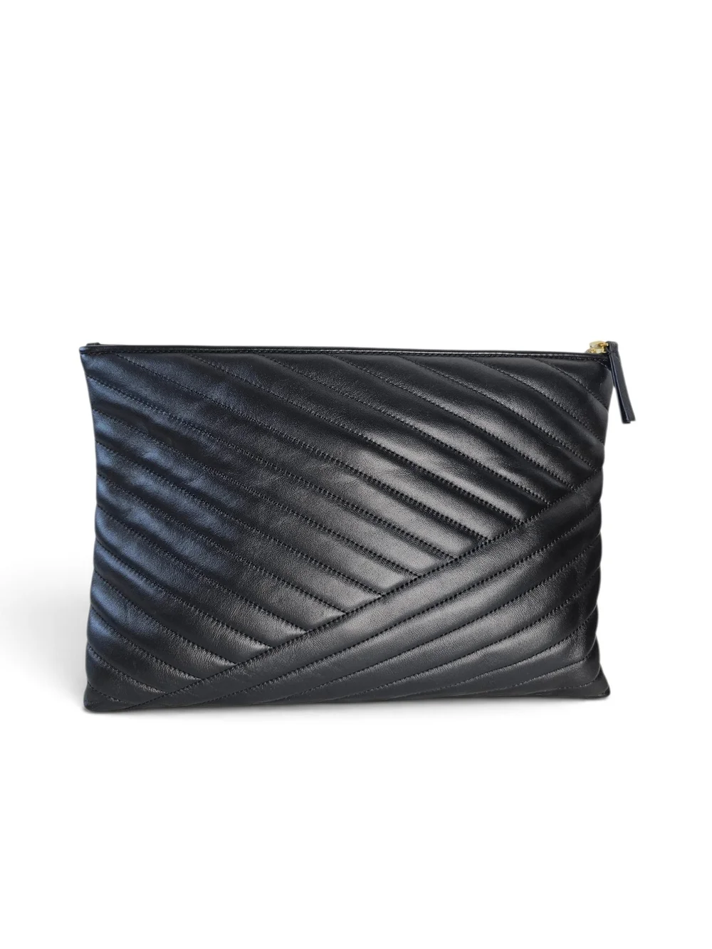 Tory Burch Kira Black Chevron Quilted Leather Zip Clutch Gold Logo